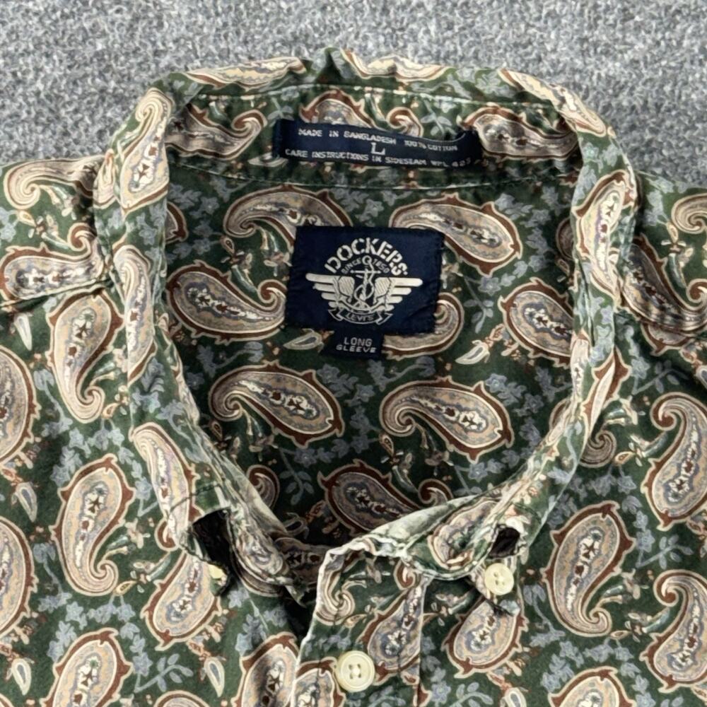 VTG 90s Dockers Paisley Shirt Men L Green Floral Long Sleeve Cotton Twill EUC